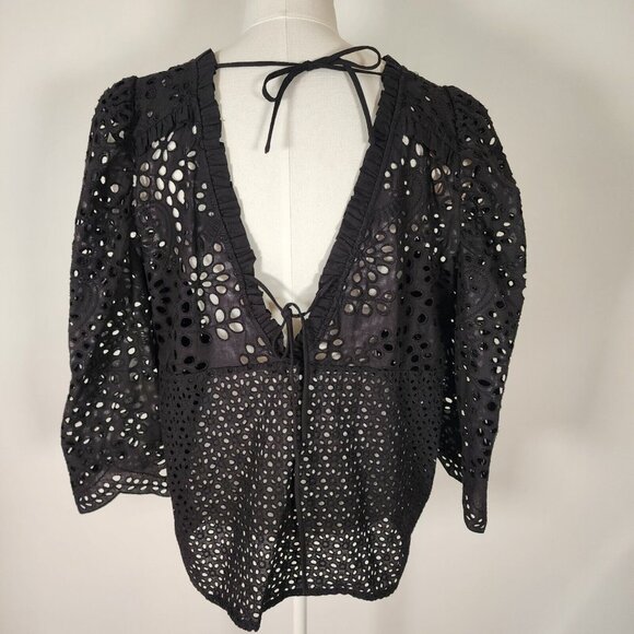 MUNTHE Como Blouse Black Eyelet Feminine Cotton Open Back EU 36 US 6 [flaw] - Picture 2 of 8